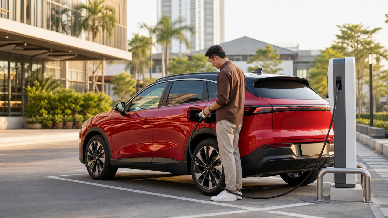 ชายกำลังชาร์จรถ Chery EV สีแดง — ประกันรถยนต์ไฟฟ้าคุ้มครองแบตเตอรี่