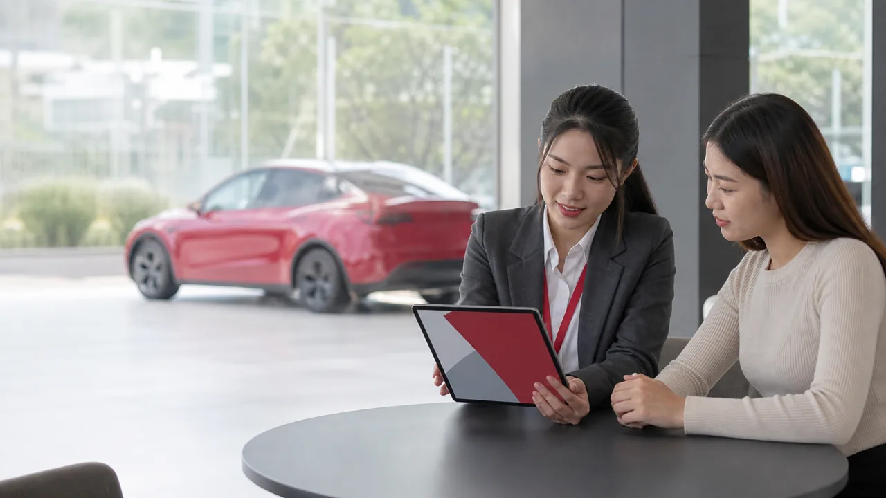 เจ้าหน้าที่ Seen Insurance แนะนำแผนความคุ้มครองประกันรถ Chery ให้ลูกค้าในโชว์รูม