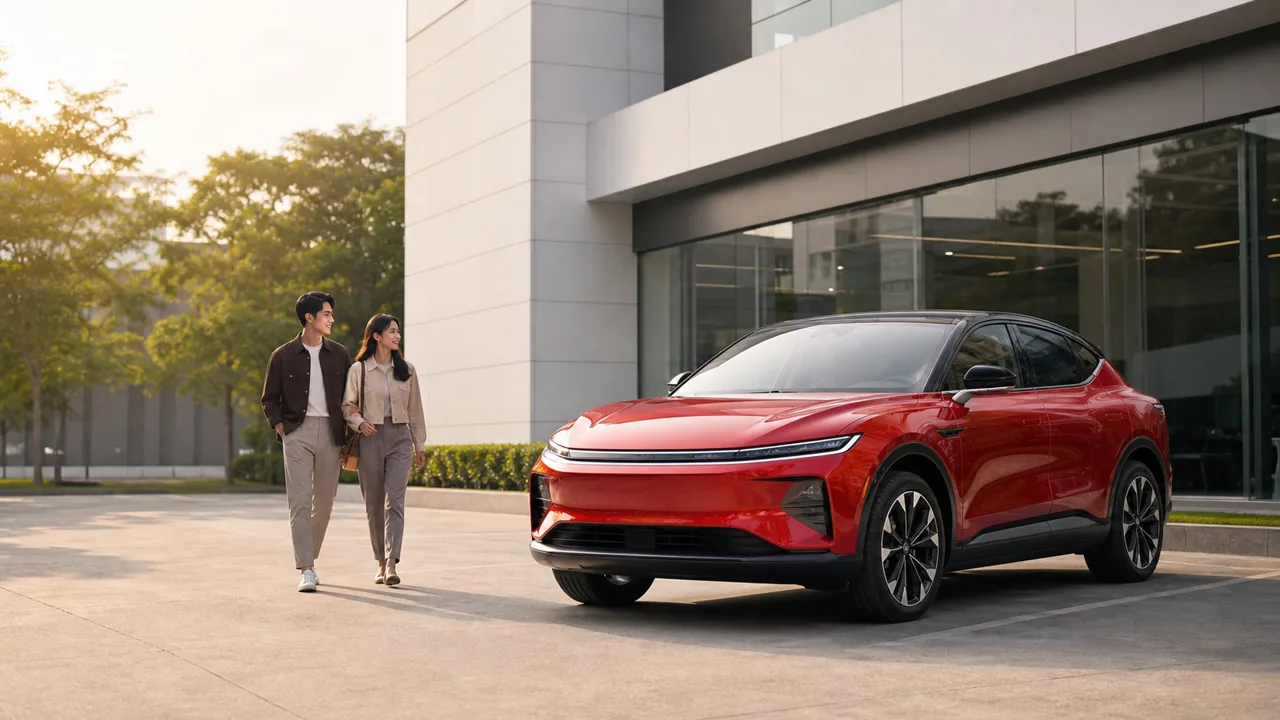 คู่รักเดินข้างรถ Chery SUV สีแดงหน้าโชว์รูม พร้อมทำประกันรถยนต์กับ Seen Insurance