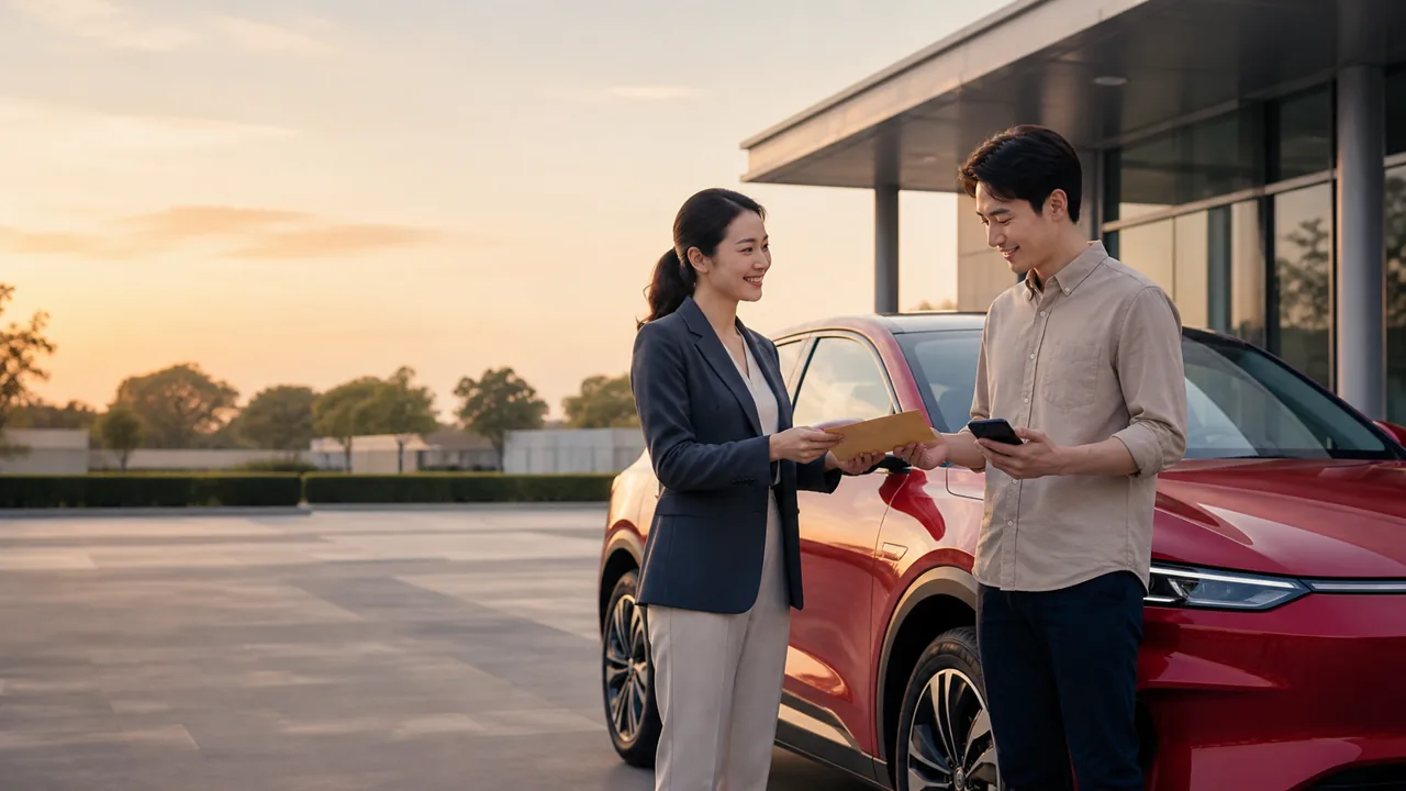 เจ้าหน้าที่ Seen Insurance ส่งมอบกรมธรรม์ประกันรถให้ลูกค้าข้างรถ Chery